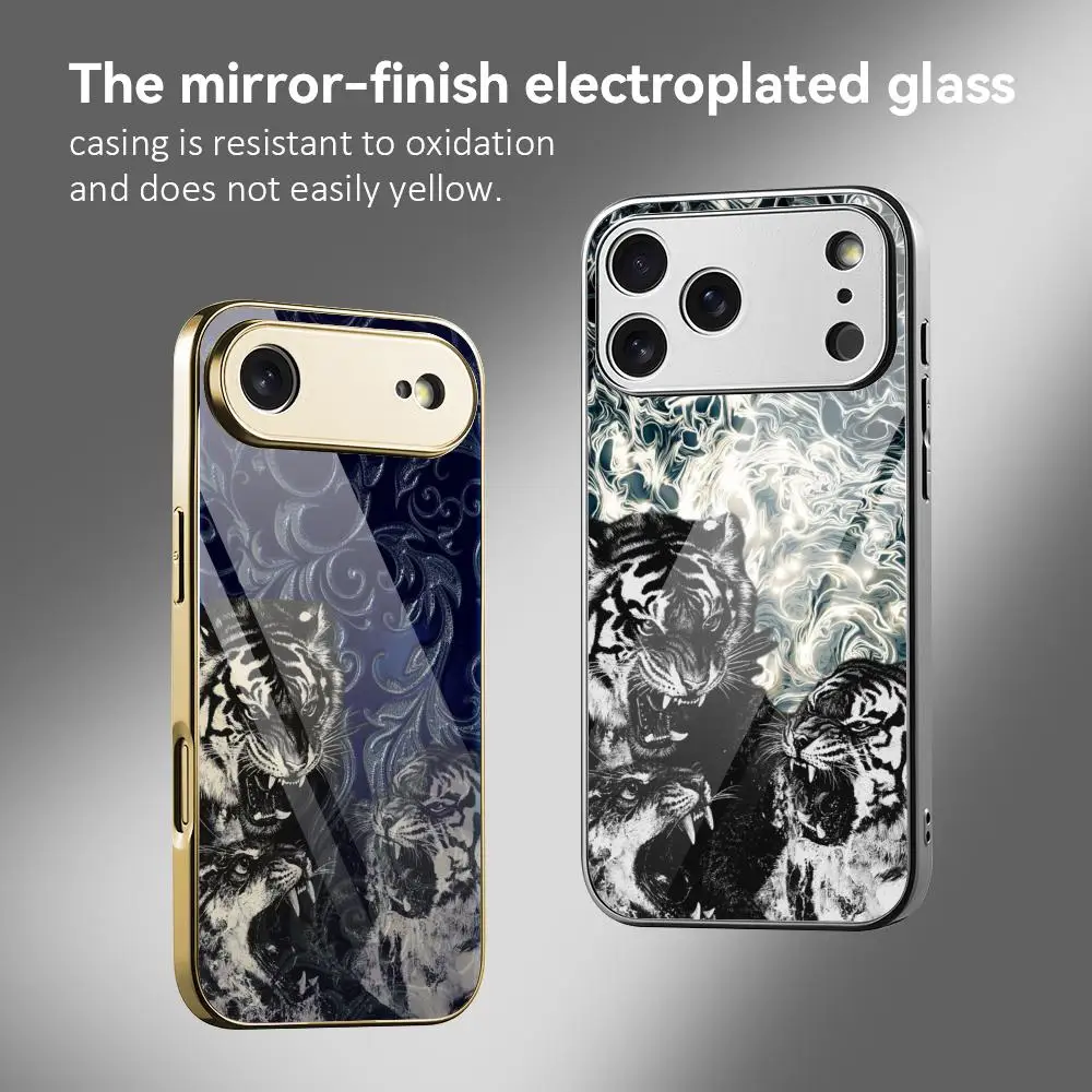 

fashion Tiger retro luxury Phone Case For iPhone 17 16 15 14 13 12 Pro Max Plus Electroplated Metal Bumper Case Tempered