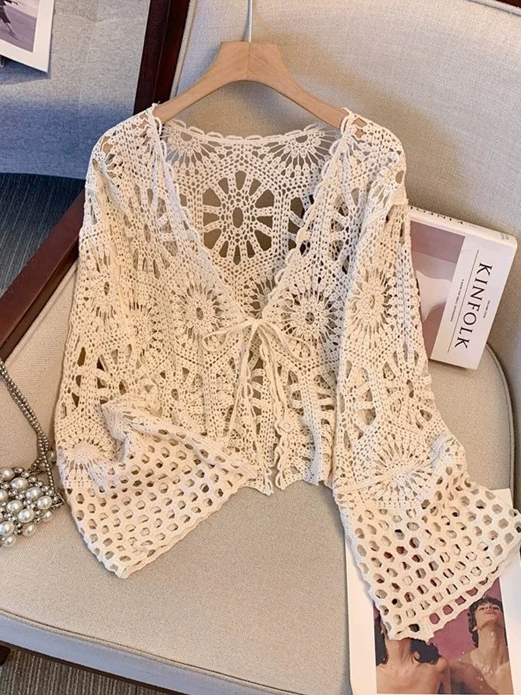 كارديجان نسائي طويل الأكمام بنمط بوهيمي، رقيق للصيف مع عقدة فراشة وحزام، قميص دانتيل للحماية من الشمس