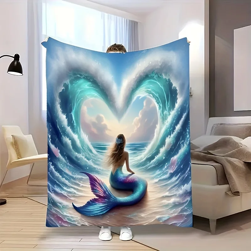 

One Comfortable Special Fantasy Mermaid Watching Heart-Shaped Waves on Seaside Beach Themed Pattern Flannel Blanket, Fashionable