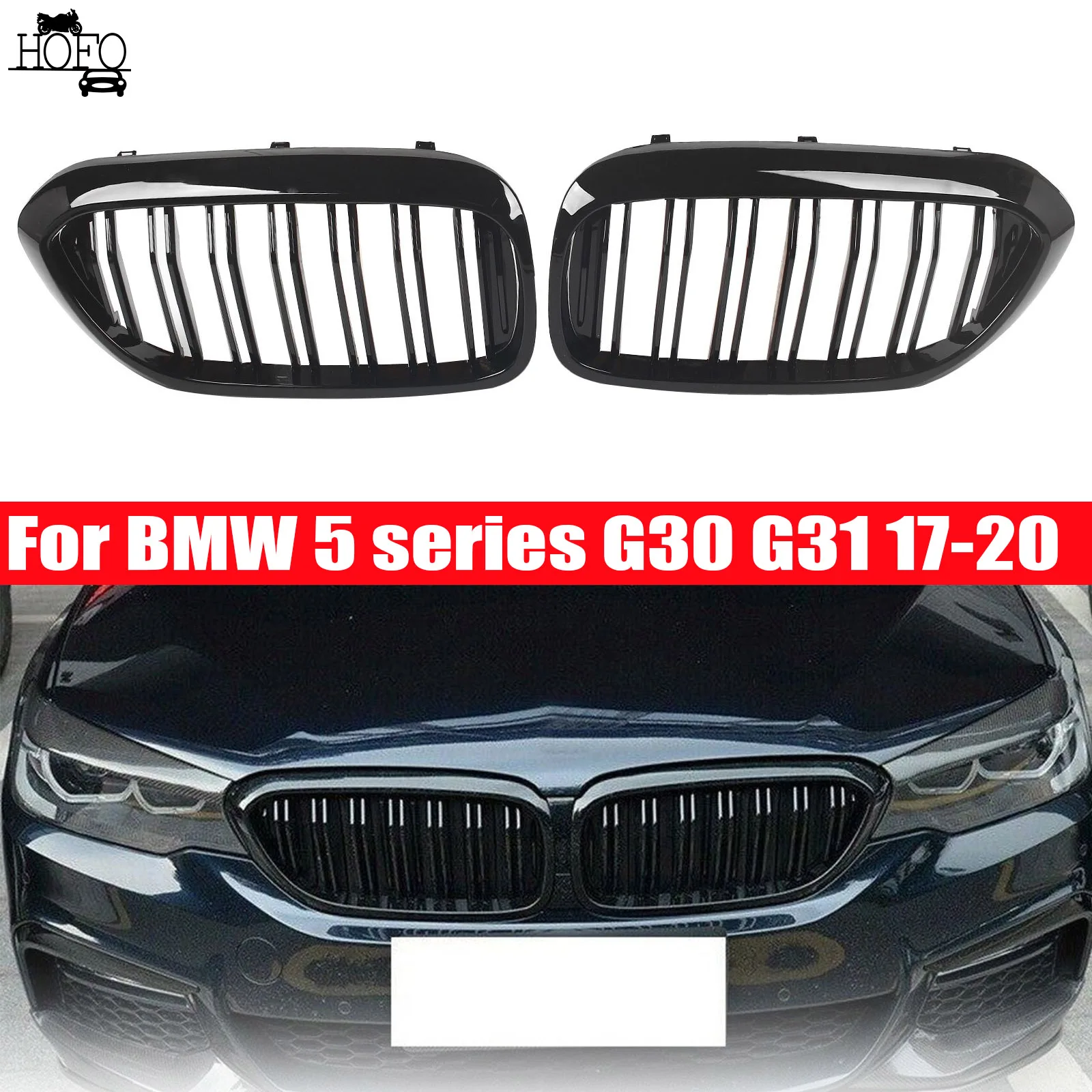 

Car Front Kidney Grill Gloss Black Double Slat Hood Grille Racing Grills For BMW 5 series G30 G31 2017-2020 Car Replacement