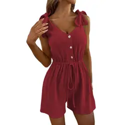 Lady Jumpsuit Solid Color Tight Waist Drawstring V Neck Summer Romper for Daily Wear