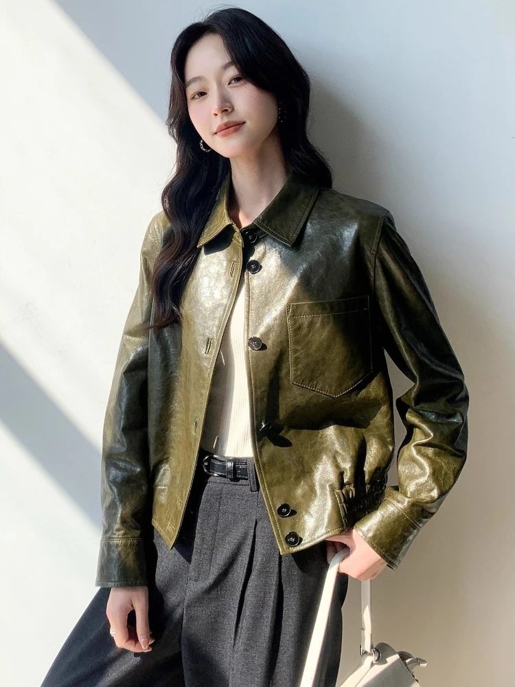 Vintage Genuine Leather Cropped Jackets for Women Spring Autumn High-end Simple Single Breasted Soft Oil Wax Real Sheepskin Coat