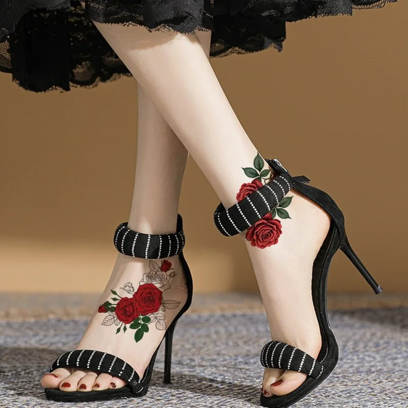 ملصقات وشم على الطراز القوطي على شكل وردة حمراء واقعية مع تصميم جمجمة لمكياج الهالوين الليلية والحفلات الليلية #2