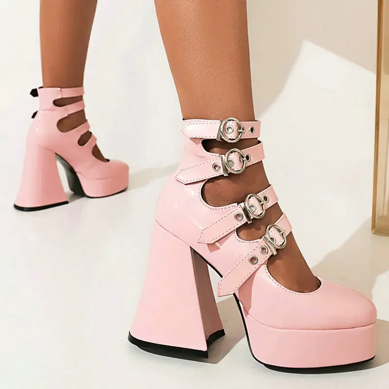 INS Stylish Street Footwear Goth High Top Boots Pumps Multi-Buckle Belt Design Hoof Chunky Heels Platform Mary Janes Women Shoes