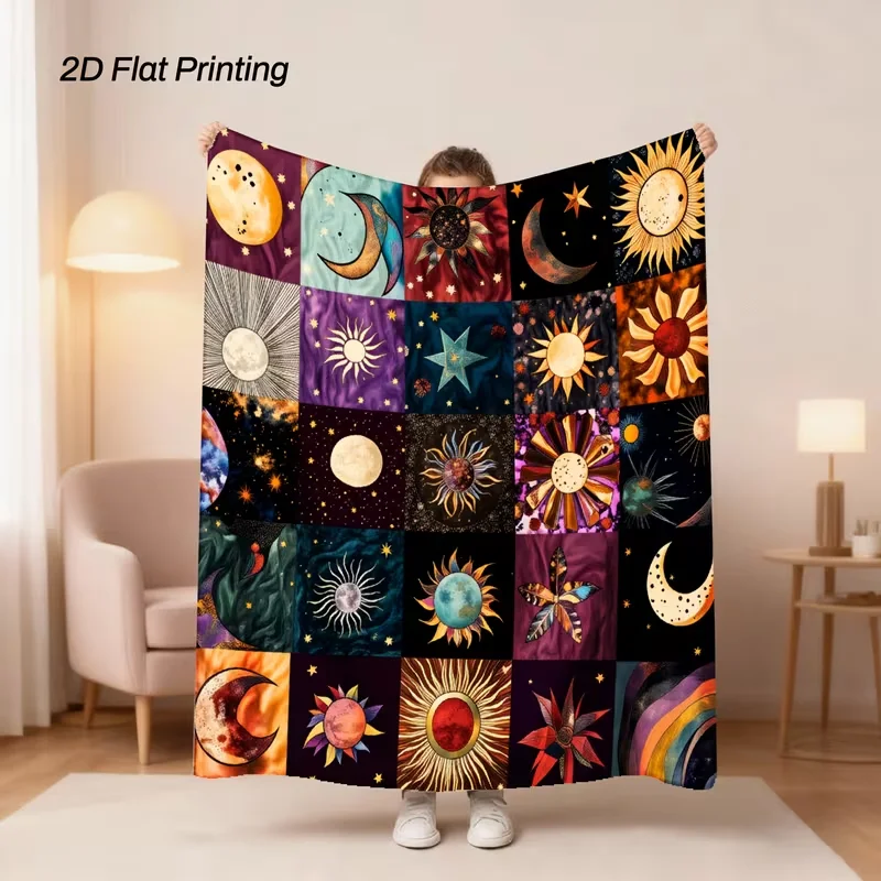 A Sun, Moon and Stars Pattern Flannel Blanket, Soft and Warm Plush Blanket for Family and Friends Bed Sofa, Lunch Break Blanket