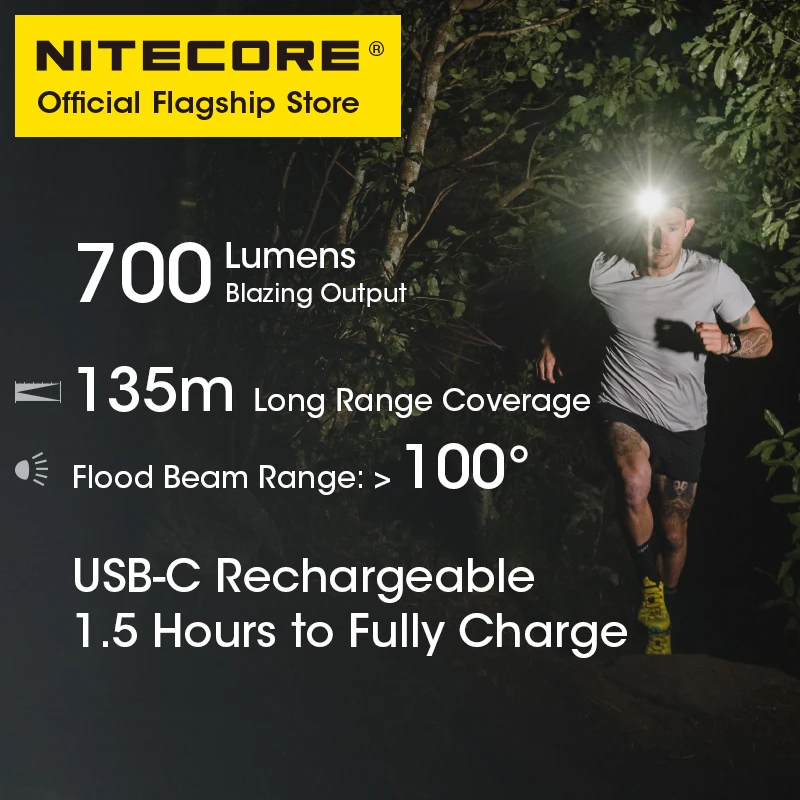 Nitecore USB-C farol recarregável, LED, saída tripla, 700 lumens, bateria embutida de 2000mAh, para acampar, luz de trabalho, pesca, NU33