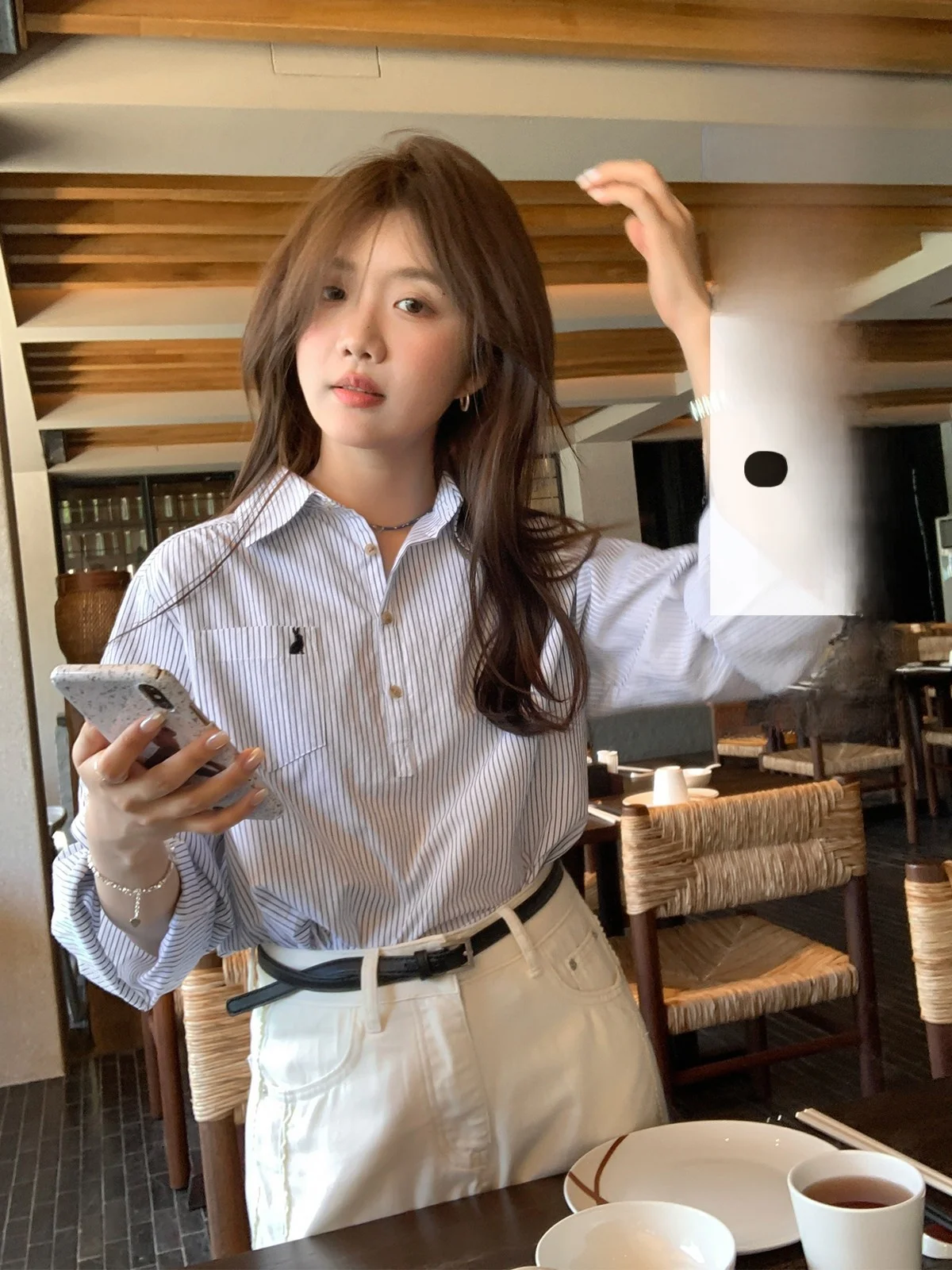 

Sisilyon Women's Blue Striped irt Embroidered f Open Front Two-Way Sve Cotton Commute Sle Korean Straight Cut