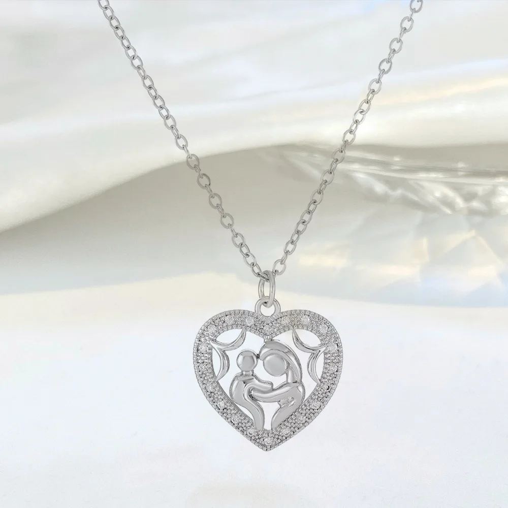 

New Mother's Day necklace fashion copper zircon flower love heart necklace heart shape mother son hug pendant Exquisite graceful