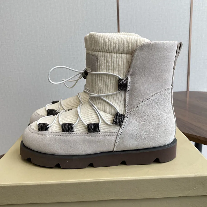 Snow Boots Women String Bead Decor Thick Bottom Non-slip Short Boots Winter Cross-tied Design Plush lining Keep Warm Ankle Boots