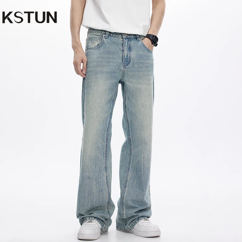 KSTUN 2026 Spring Jeans For Men Flared Pants Bootcut Jeans Loose Fit Light Blue Streetwear Men's Trousers Mens Clothing Quality