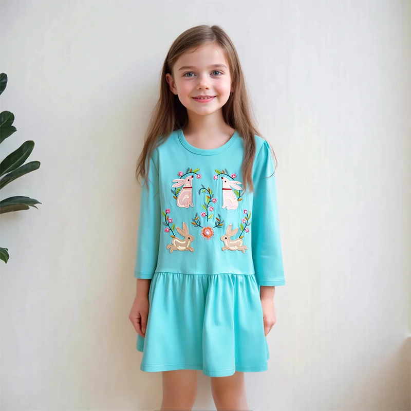 Little Maven Baby Mädchen Partykleid Baumwolle Kinder Freizeitkleid Tier Kaninchen Kleine Mädchen Lange Ärmel Kleider Herbst Frühling