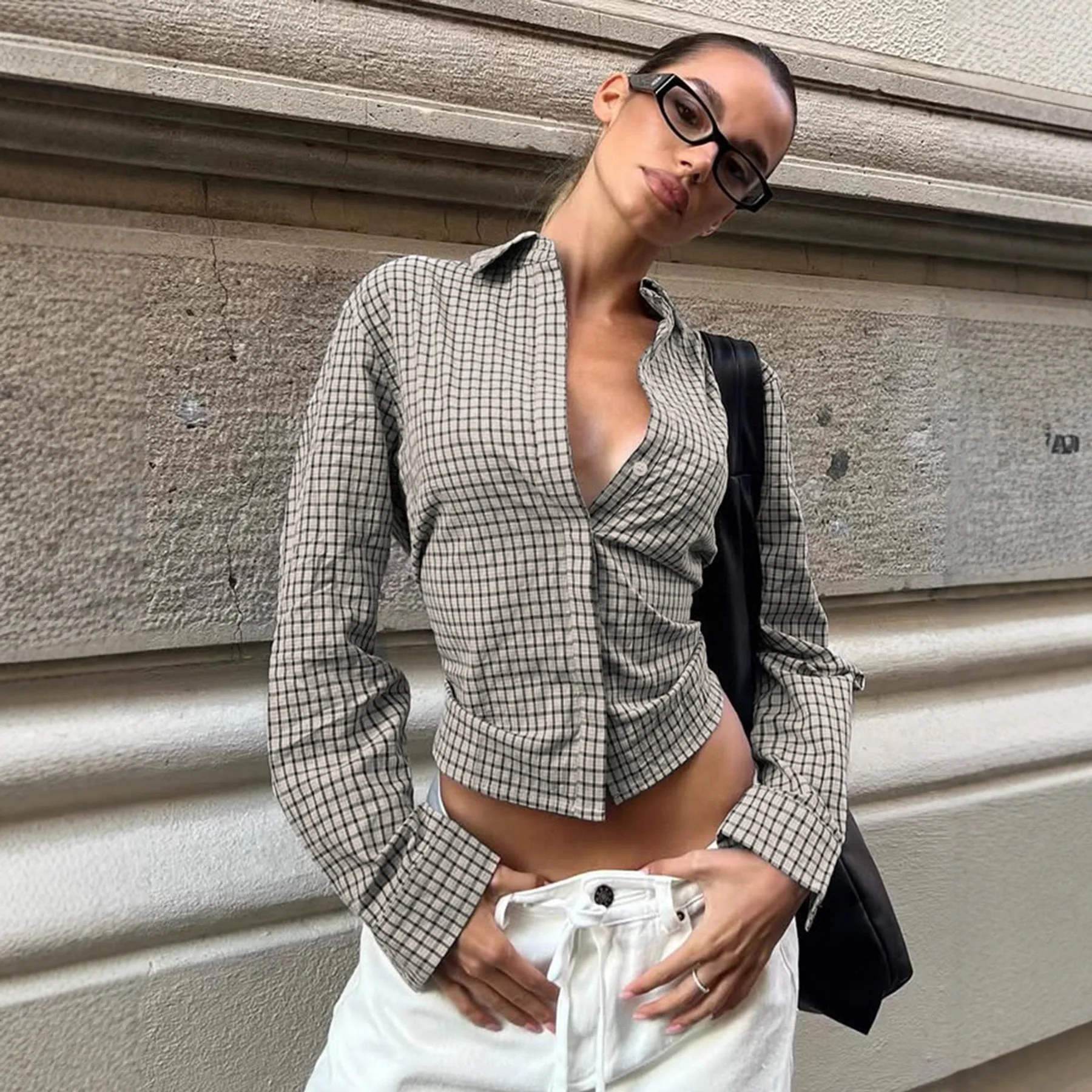 

2026 New Fashion Plaid Shirt for Women Vintage Retro Style Lace up Waist Slim Fit Long Sleeve Blouse Elegant Office Wear Casual