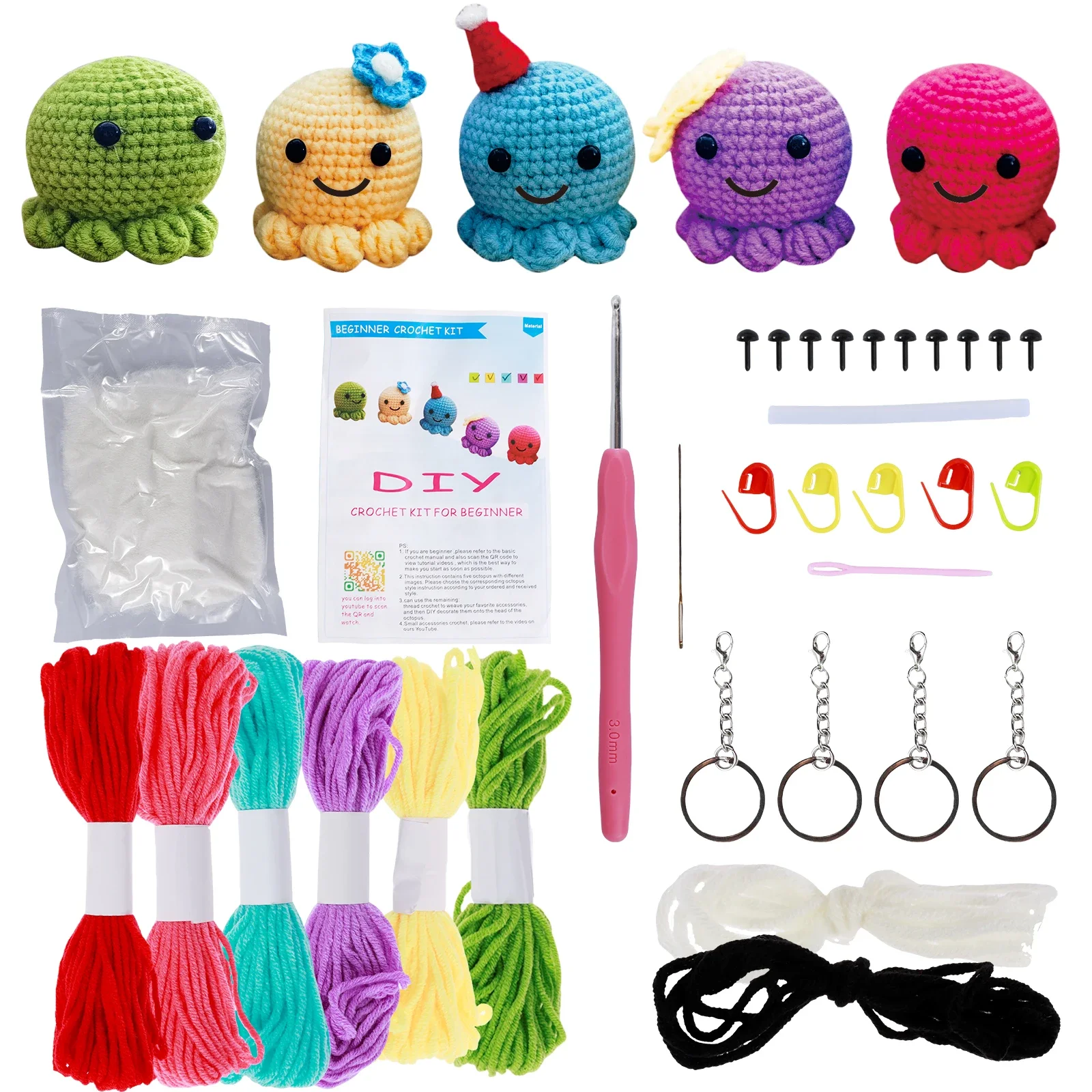 Crochet Kit for Beginners Small Octopus Crochet Knitting Kit Adorable Animal Crochet Starter Pack with 5 Colors Thread Stuffing