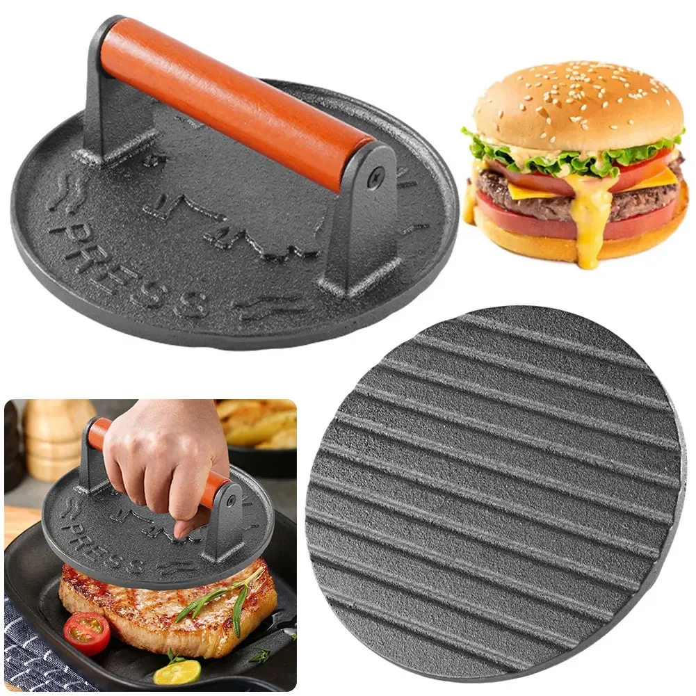 Cast Iron Burger Press Smash Burger Press Wooden Handle Round Burger Smasher 7.09 in Anti Scald for Outdoor Camping