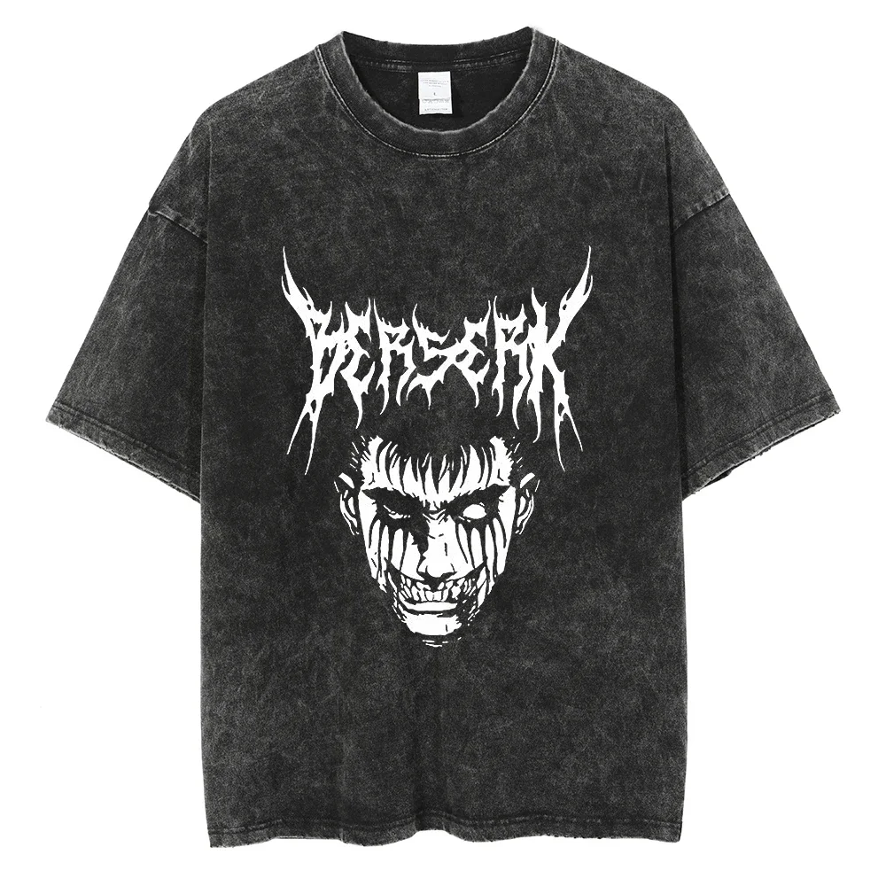 

Hip-Hop Streetwear Tshirt Men Oversize Japanese Anime Berserk Graphic Print T Shirt Washed Short Sleeve Vintage Tshirt Black