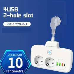 EU Plug Power Strip 2 Socket with 3 USB 1 Type-C Port Electrical Socket European Union Outlet Home Office Adapter 10cm Extension