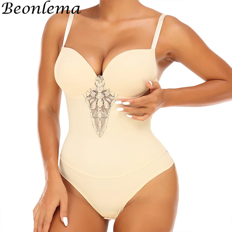 

Women's Intimate Fashion Sexy Lace Shapewear Bodysuit Thong Body Shapers With Cup Open Crotch Lingerie V-collar Underwear