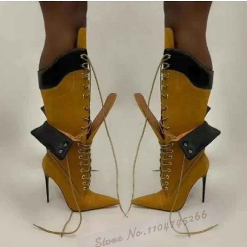ผู้หญิงสีอูฐ Suede Patchwork เข่ารองเท้าชี้ Toe Stiletto Heel LACE-Up รองเท้าบูทสูงสายรัดสีน้ําตาลที่จับคู่ Turn-Over รองเท้า
