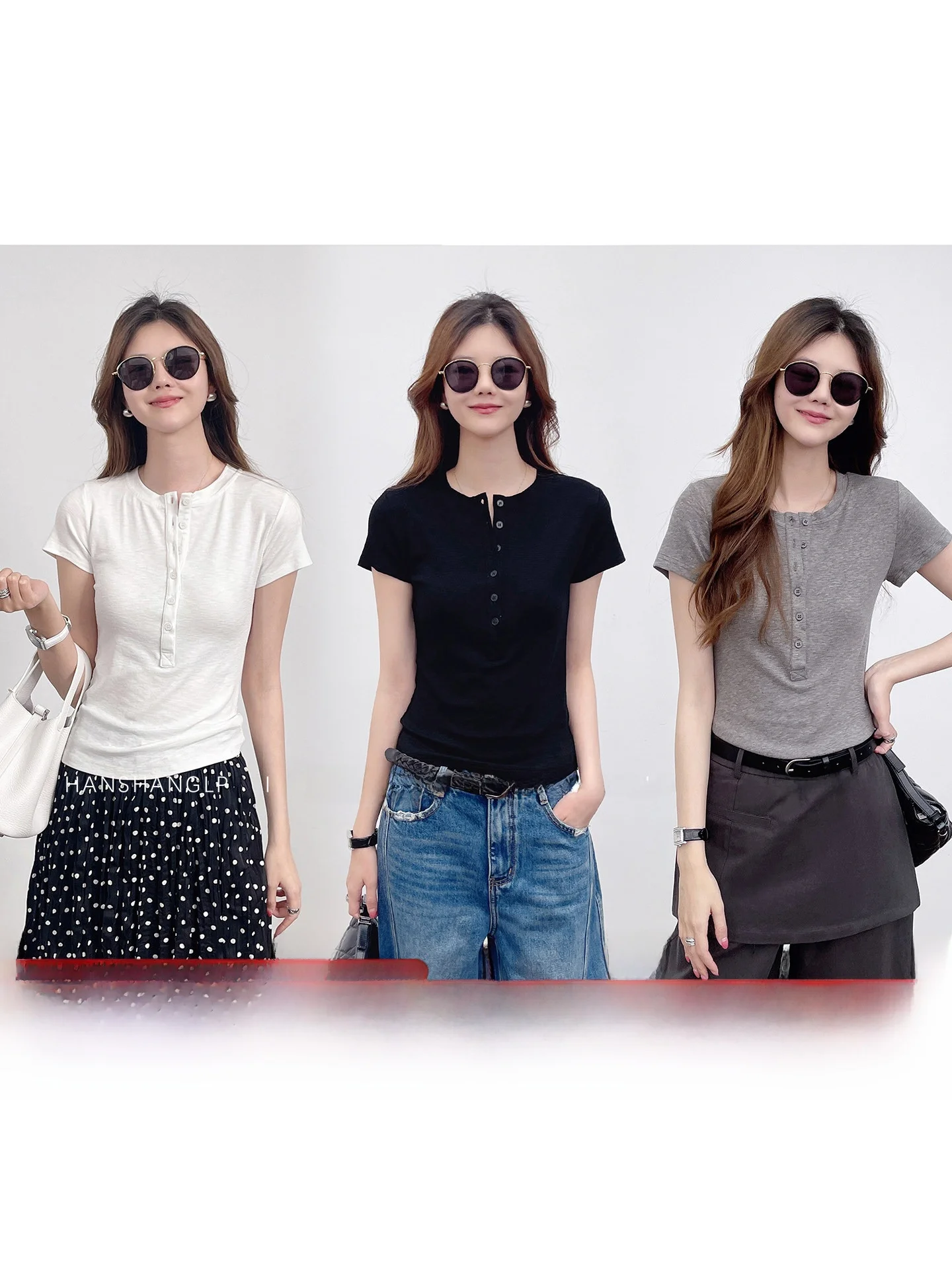 

Slim Fit Short Sleeve T-Shirt Women Summer Inner And Outer Wear Button Henry Collar round Neck Regular Length Cotton Blend Top