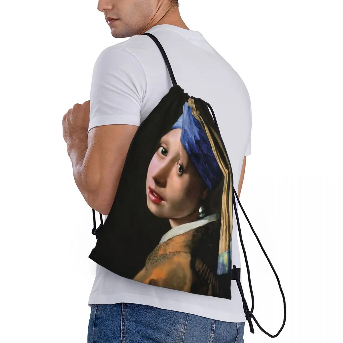 Borsa con coulisse con Logo con motivo personalizzato ragazza con l'orecchino di perle borsa da viaggio per studenti con zaino da viaggio johes Vermeer