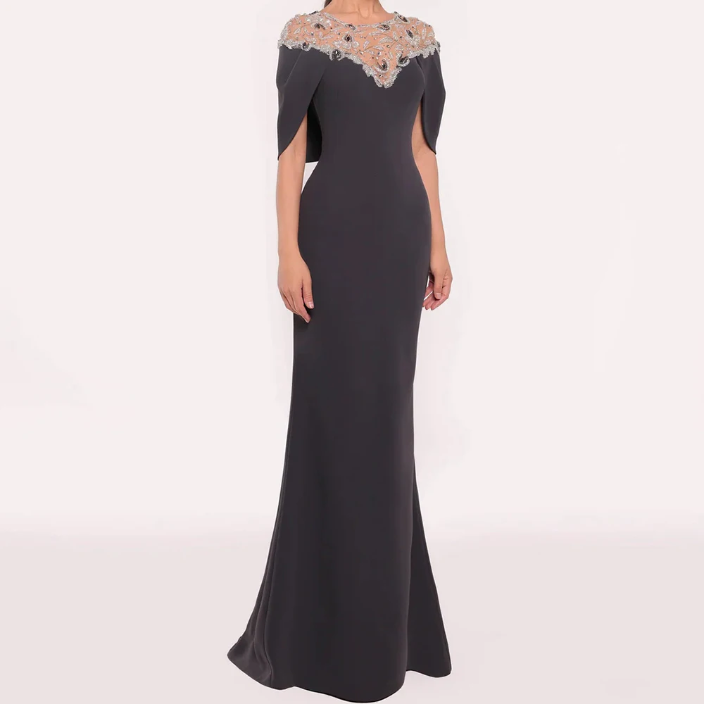 

Customized Mermaid Evening Dresses Floor-length O-neck Sleeveless Prom Gown Fashion Sequined Stole Simple Draped Party Gown