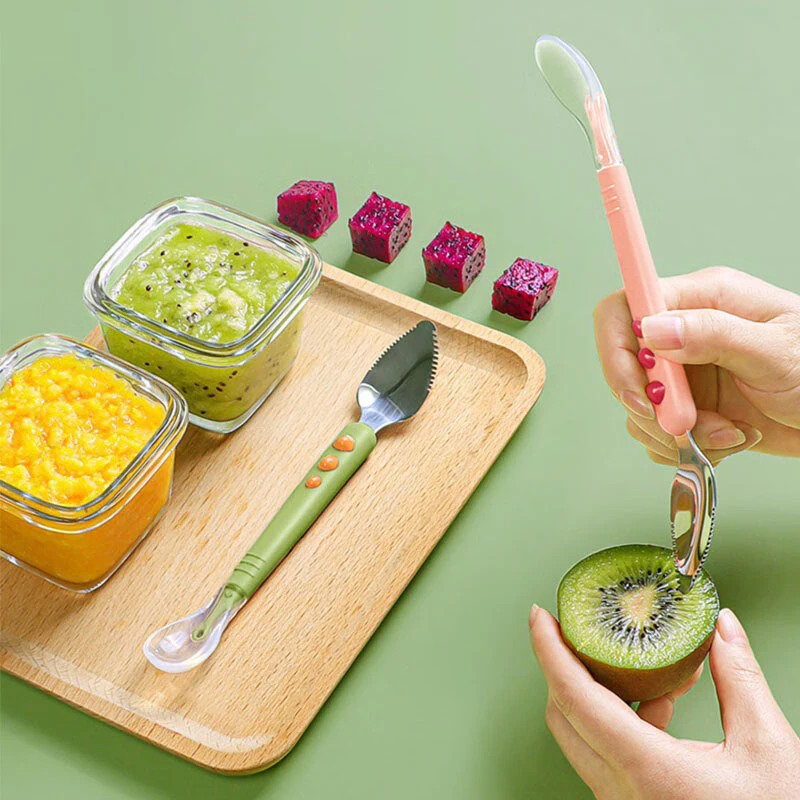 Fruit Scraping Mud Spoon Feeding Spoon Stainless Steel Silicone Double Headed Fruit Complementary Food Children's Tableware