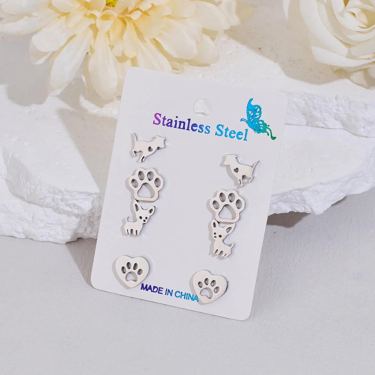 Shuangshuo 4 par/set lindos pendientes de tuerca con huella de mascota para mujeres elegantes pendientes Piercing para niñas regalo de lujo joyería de pata de Animal