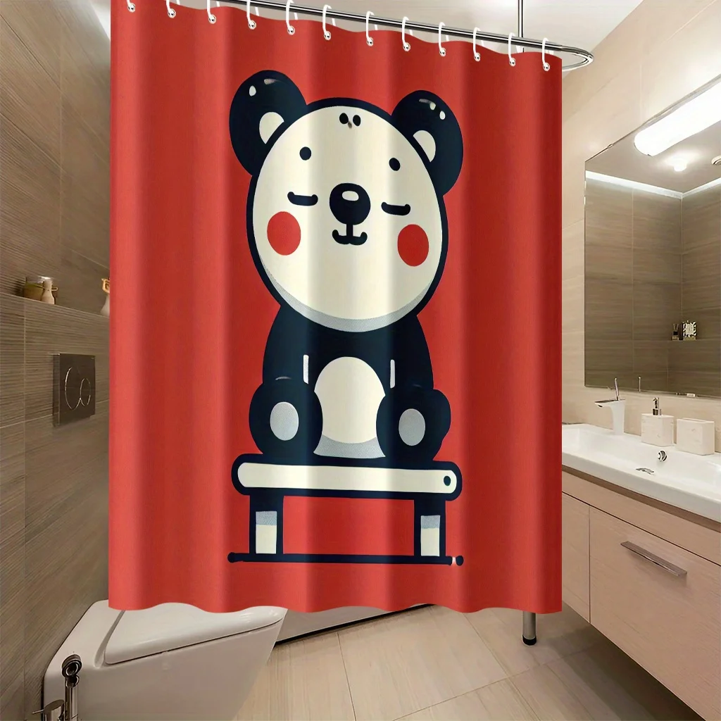 Cute Panda Bear Shower Curtain, Red Background Cartoon Animal Print Waterproof Bath Curtain, Kawaii Bathroom Decor for Kids