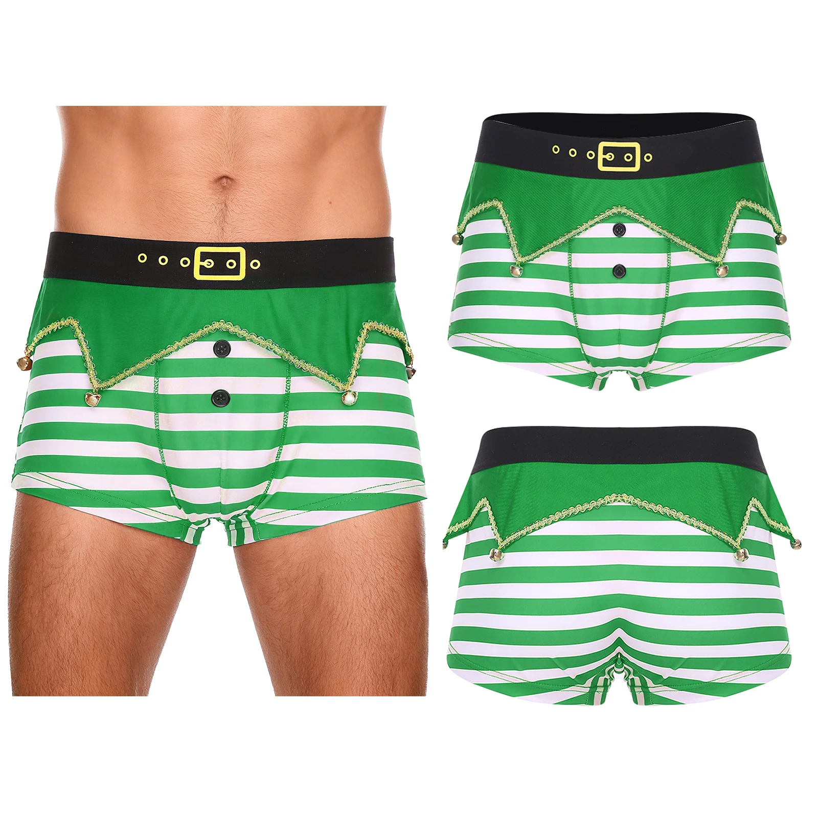 Men Christmas Elf Striped Underwear Funny Novelty Holiday Boxer Briefs Elastic Waistband Irregular Panel Bells Striped Shorts