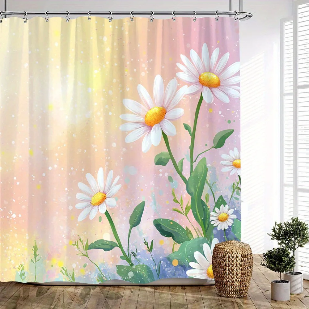 

1 шт. занавеска для ванны с эфирными ромашками — мягкий градиент от розового до желтого цвета с сверкающими точками, белыми ромашками и зелеными стеблями, химерная