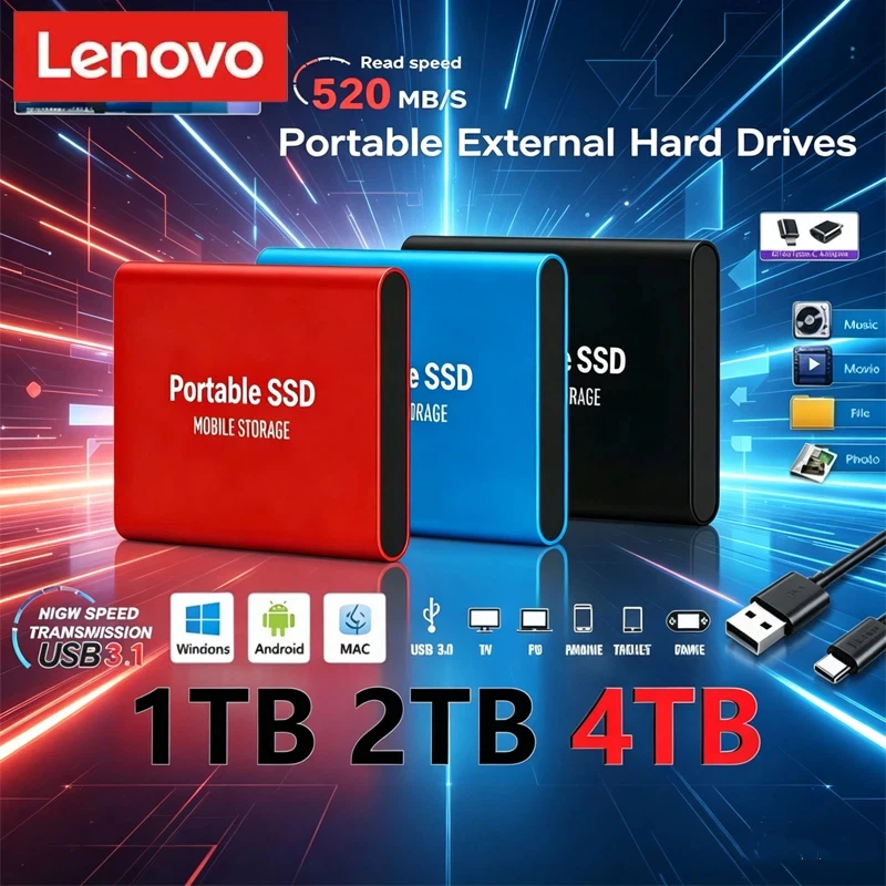 

Lenovo External Hard Drive 2TB High Speed Hard Disk 256TB USB3.1 Portable USB SSD 128TB for Pc/Laptop/Mac/Phone Solid State Disk