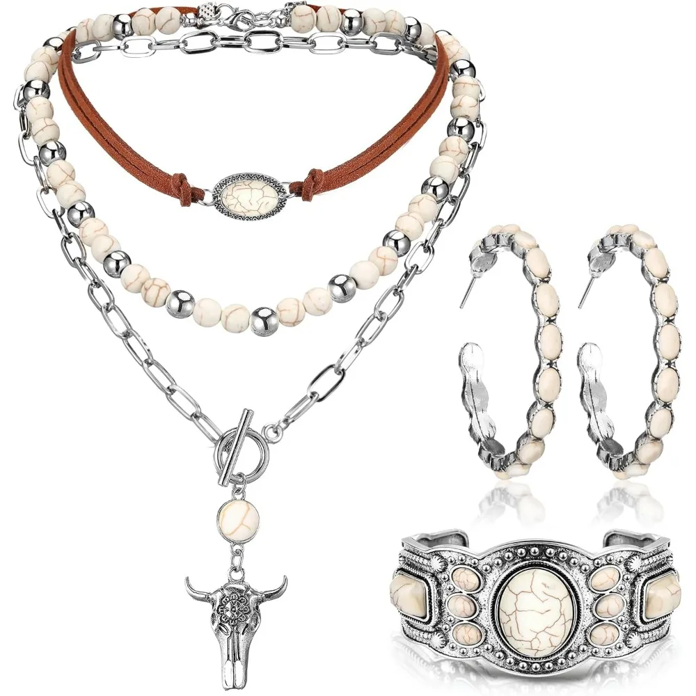 

Boho Turquoise Jewelry Set for Women Vintage Earrings Bracelet Necklace Western Style