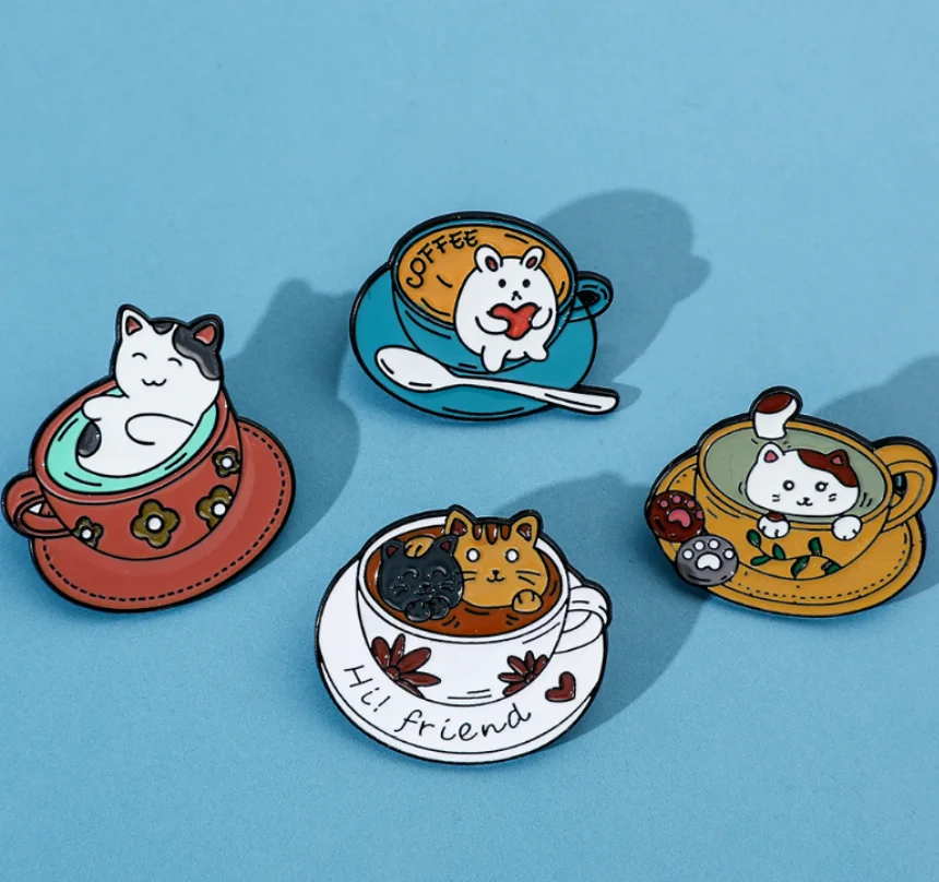 الإبداعية فنجان القهوة هريرة شارة القط تمرغ في حمام الماء نموذج الكرتون الحيوان دبوس ظهره الملابس سحر مجوهرات هدايا #4