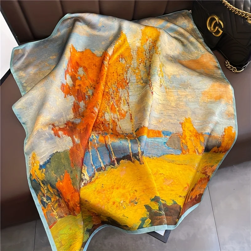 1pc Retro 27.5'' Square Silk Scarf Elegant Maple Tree Print Fashionable Small Neck Scarf Versatile Shawl Wrap Accessory