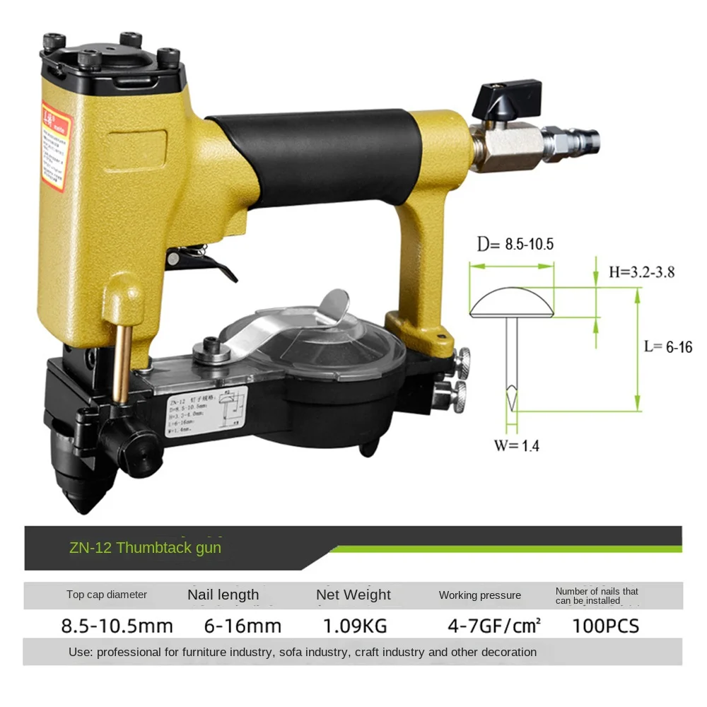 ZN-12S Pneumatic Auto-fed Tack Nailler Sofa Stapler Furniture Decoration Nailler ForTack Cap Diameter 10.5mm To 11.5mm