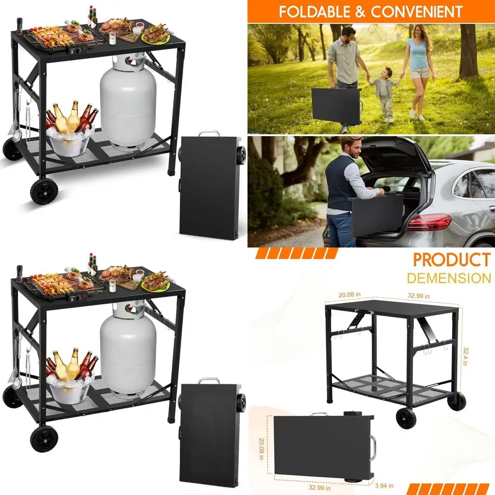 

Portable Outdoor Pizza Oven Stand on Wheels, Foldable Dining Cart Table for BBQ, Indoor, Kitchen (Black with Silver Handle)