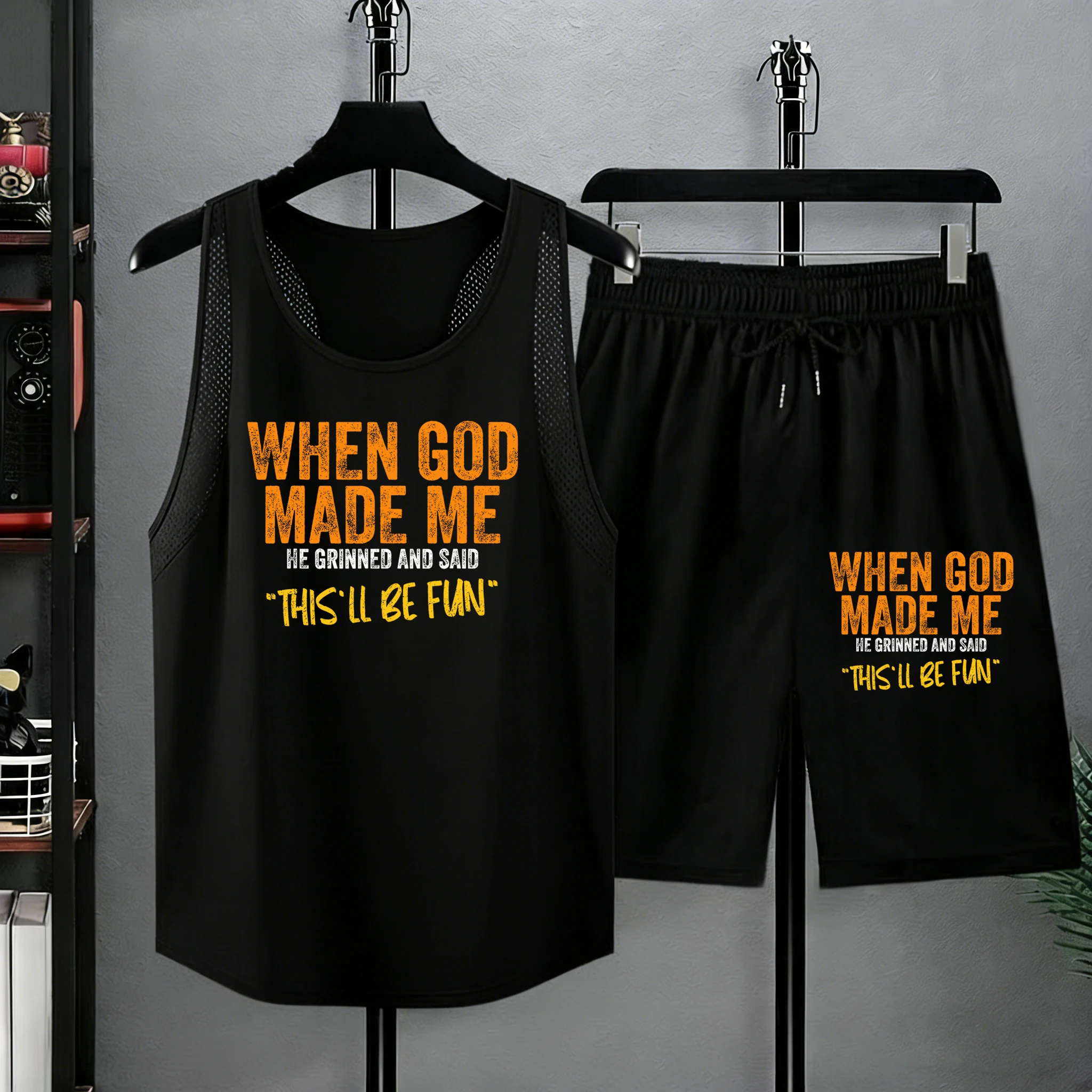 

When God Made Me Pattern Summer Mens Running Casual Bottom Mesh Daily Tshirts Sets Drawstring Beach Sportpants Comfy Tank Top