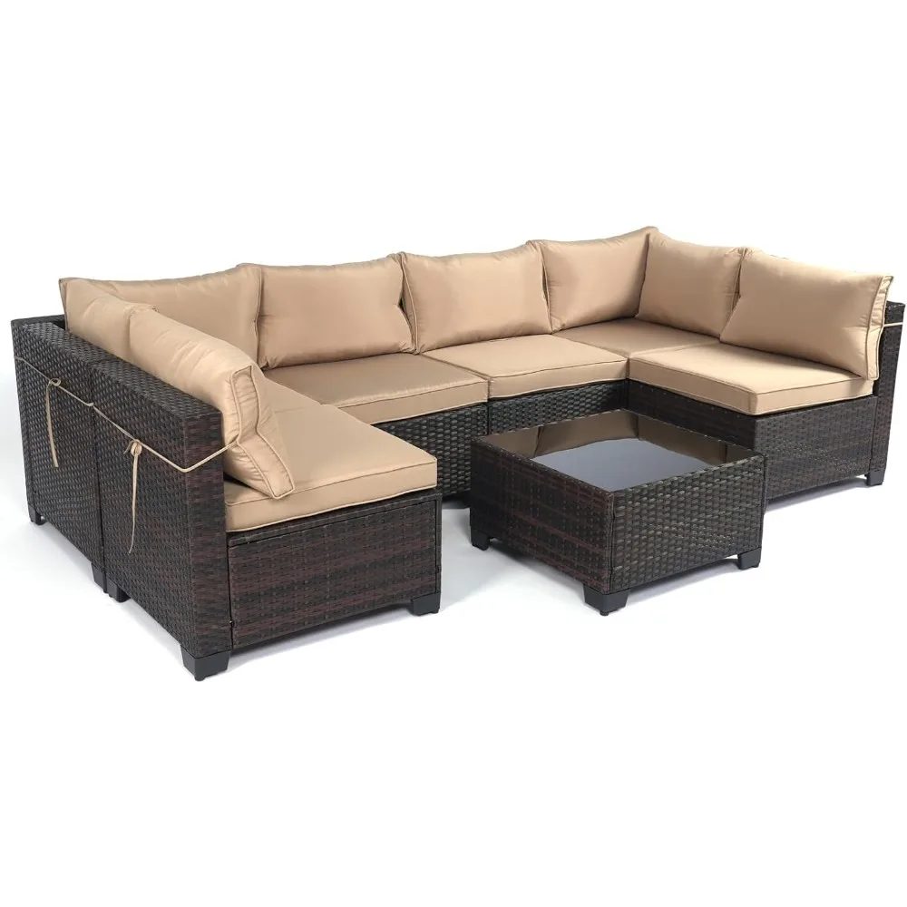 

7 Pieces Outdoor Patio Furniture Sets,Rattan Conversation Sectional Set,Manual Weaving Wicker Patio Sofa with Tea Table