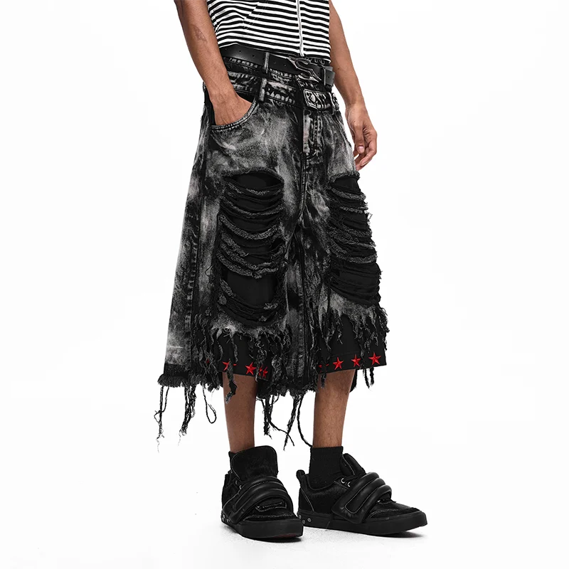MWJLPWQ Double-Waisted Ripped Fringed Cropped Jeans For Men Summer American Street Style Star Embroidery Men's Shorts Chic 16082