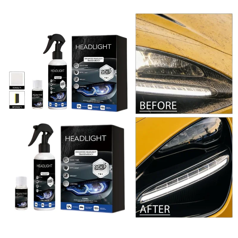 120ML Car Headlight Restoration Fluid Set Oxidation Yellow Stain Remover Headlamp Brightening Polishing Protective Spray Kit