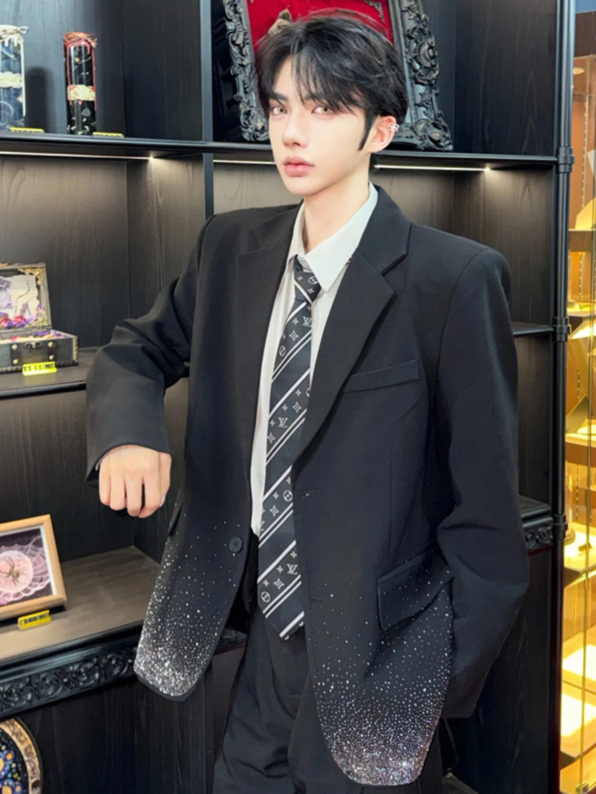 

Anzheng мужской повседневный костюм с блестками, джат, модный дизайн, одобренный парикмахер, уличная одежда, весенне-осенняя одежда