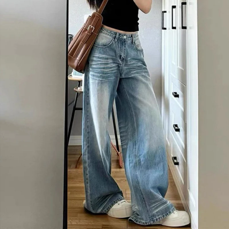 جينز مستقيم أزرق فاتح عتيق للنساء ملابس الشارع عالية الخصر واسعة الساق سراويل جينز امرأة أمريكية فضفاضة السراويل الإناث