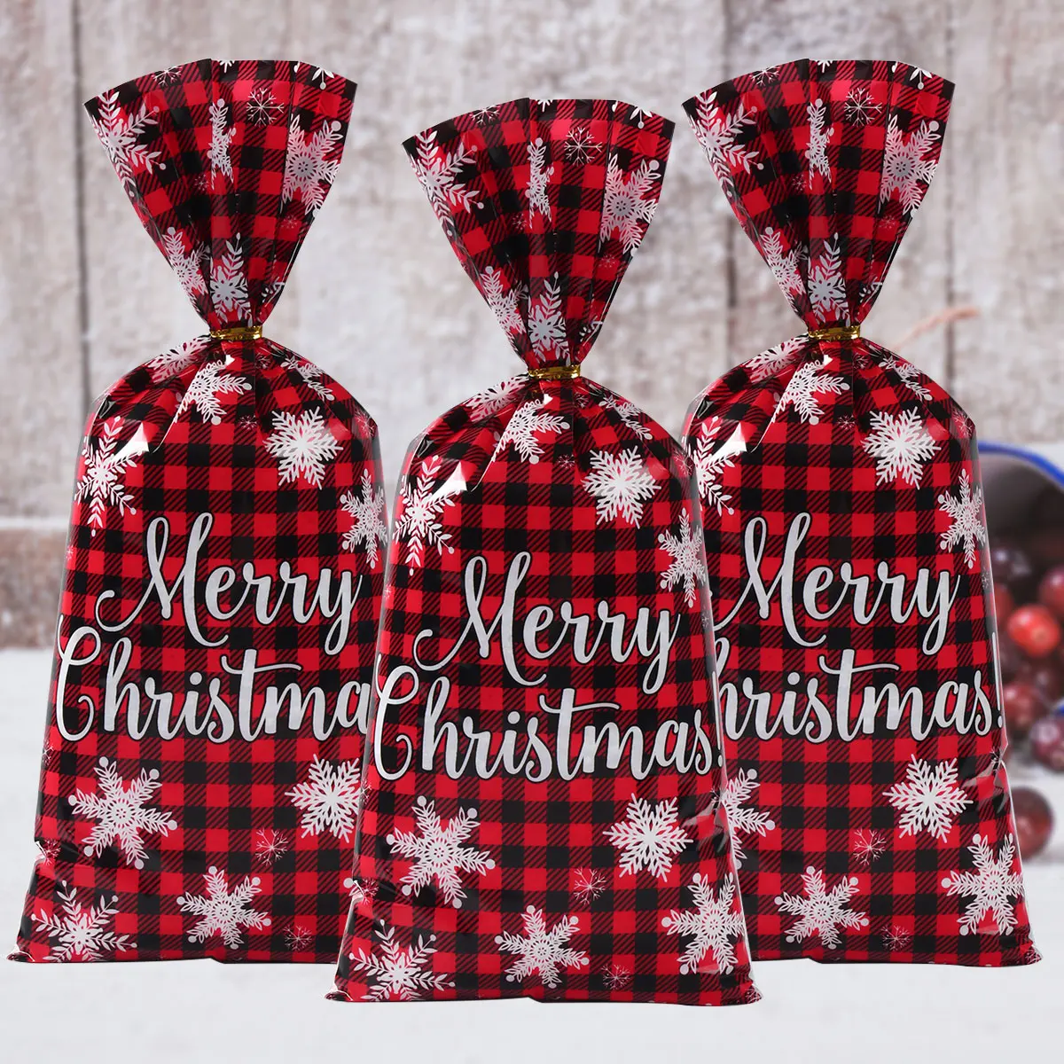 25/50/100pcs Christmas Candy Bag Merry Christmas Decoration For Home Red Black Grid Xmas Gift Bag 2023 Navidad Noel New Year