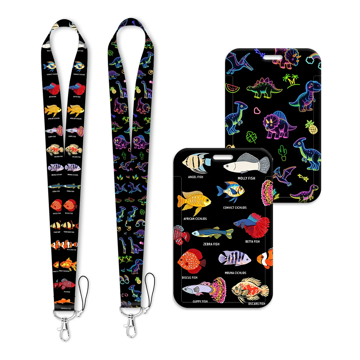 Neon Dinosaur Tropical Fish Lanyard Neck Strap Keychain Card Cover Badge Holder Mobile Phone Hang Rope Keyring Accessories Gifts