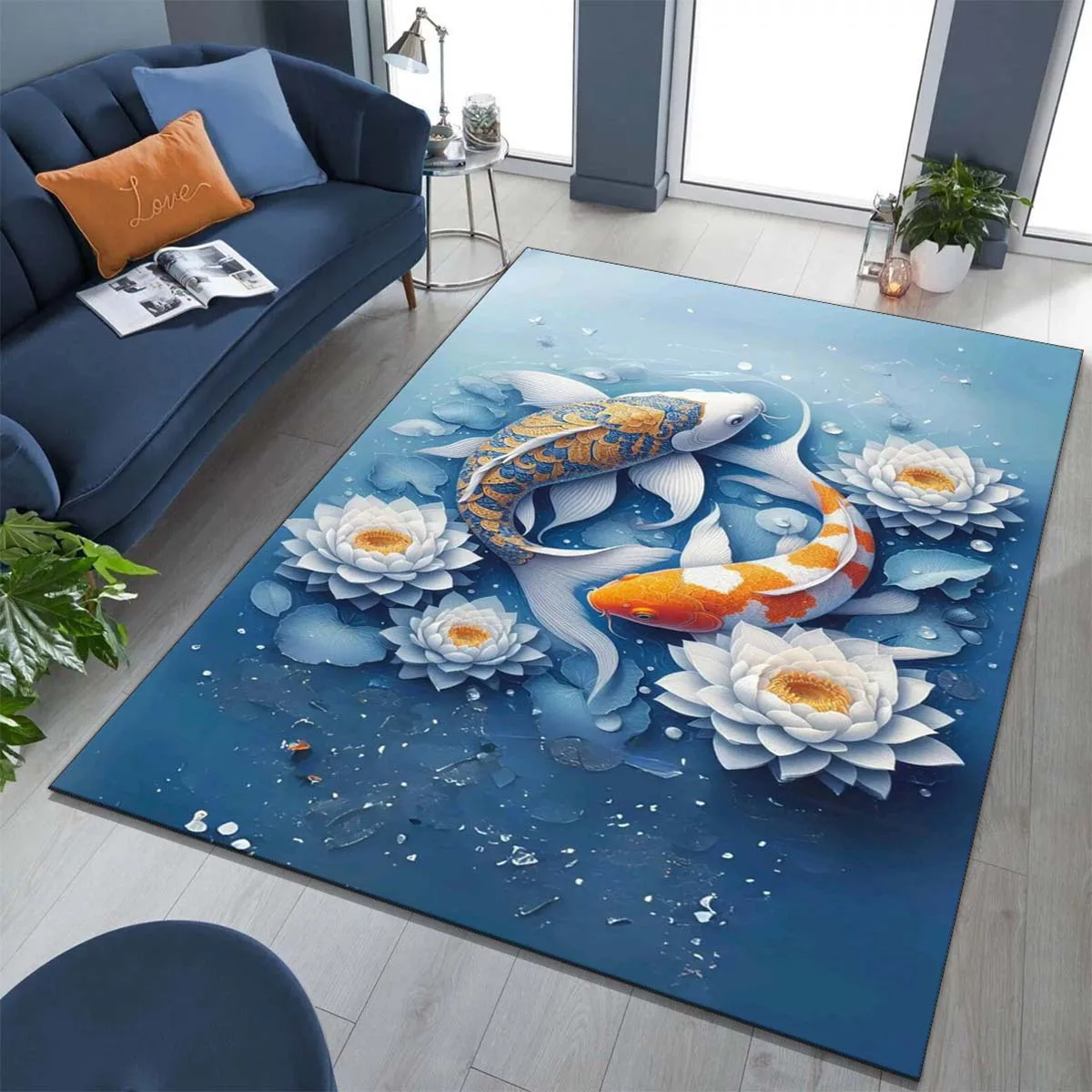 Flannel Printed Koi Fish Rug Water Lily Design Soft Fleece Floor Mat Living Room Carpet Zen Decor Rugs