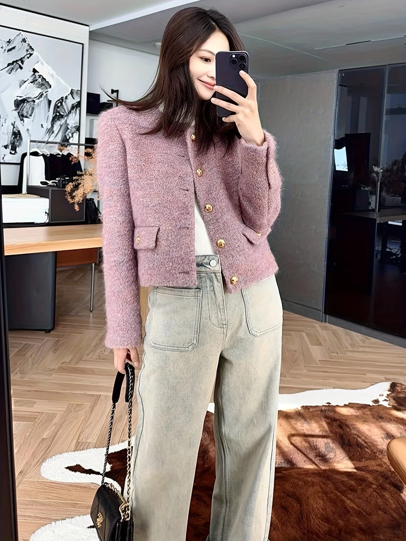 Women Purple Tweed Jacket O Neck Long Sleeve Gold Button Cropped Coat Elegant Slim Short Outerwear Female Fashion Blazer 130136