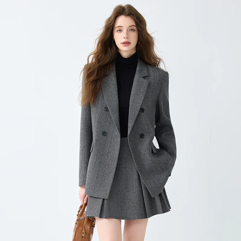 Office Winter Mini 2025 Suit with Skirt and Thick Woolen Blazer Outfit Womens Short 2 Sets Two Piece Set for Women Long Sleeve