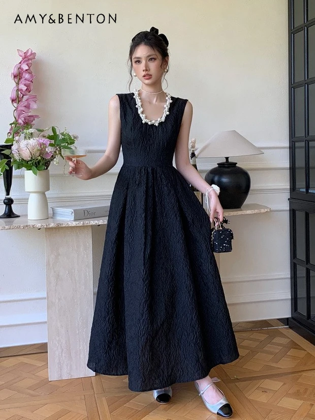 

Summer New French Temperament High-Grade Pearl Round Neck Sleeveless Dresses Elegant Graceful Slim Mid-Length Dress for Women