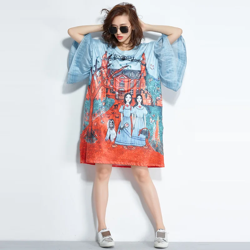 الصيف قصيرة الأكمام المتضخم فستان حجم كبير المرأة الكرتون تي شيرت مطبوع عطلة الشاطئ فستان فضفاض الملابس النسائية