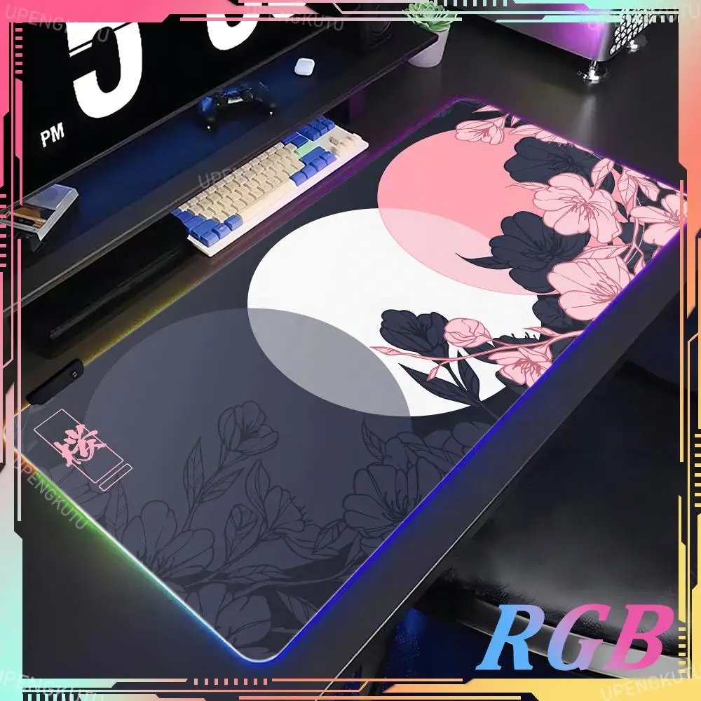 RGB cherry blossom black powder large XXL mousepad exquisite computer game accessories keyboard pad desk pad luminous mouse pad